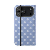 iPhone 17 Pro Max veganský kožený peněženkový Kryt – Light Blue Polka Dot Design