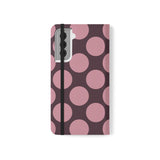 Samsung Galaxy S21 veganský kožený peněženkový Kryt – Pink Plum Polka Dot Design