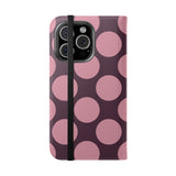 Peněženkový Kryt z veganské kůže pro iPhone 16 Pro – design Pink Plum Polka Dot