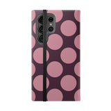 Samsung Galaxy S23 Ultra veganský kožený peněženkový Kryt – Pink Plum Polka Dot Design