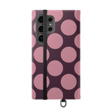 Samsung Galaxy S24 Ultra veganský kožený peněženkový Kryt – Pink Plum Polka Dot Design