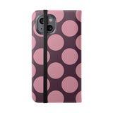 Peněženkový Kryt z veganské kůže pro iPhone 14 – design Pink Plum Polka Dot