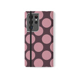Samsung Galaxy S21 Ultra veganský kožený peněženkový Kryt – Pink Plum Polka Dot Design
